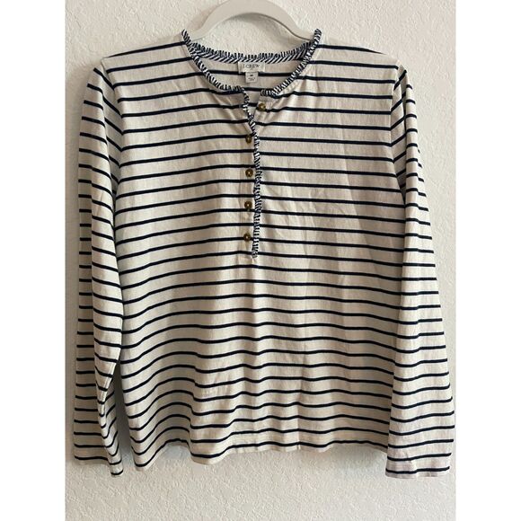 J.Crew Women's Medium Ivory Striped Ruffle-Collar Henley Top Long Sleeve Casual - Picture 1 of 6